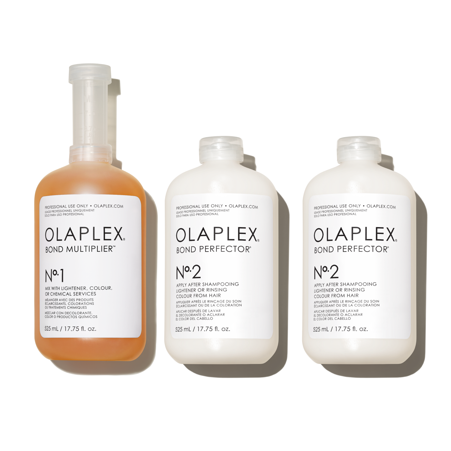 Left Bottle (OLAPLEX N°.1 BOND MULTIPLIER®)

Middle and Right Bottles (OLAPLEX N°.2 BOND PERFECTOR®):