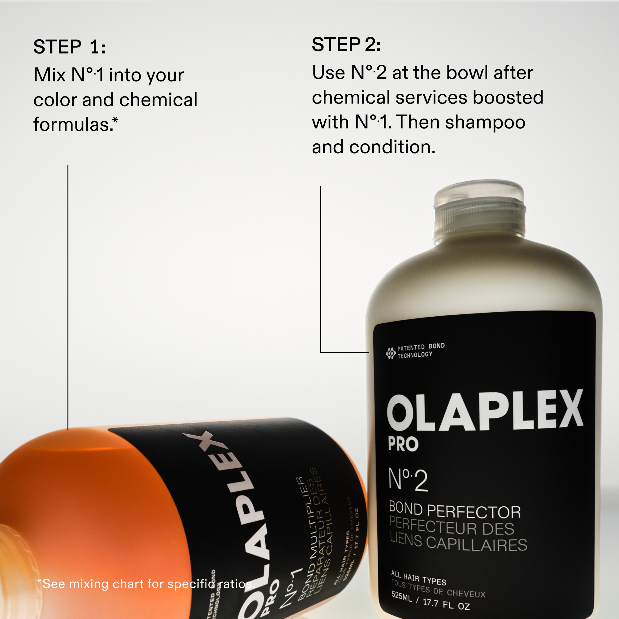 Nº.1 BOND MULTIPLIER (525mL)
 product next to Nº.2 BOND PERFECTOR (525mL)

STEP 1: Mix Nº.1 into your color and chemical formulas.*

STEP 2: Use Nº.2 at the bowl after chemical services boosted with Nº.1. Then shampoo and condition.

*See mixing chart for specifications.