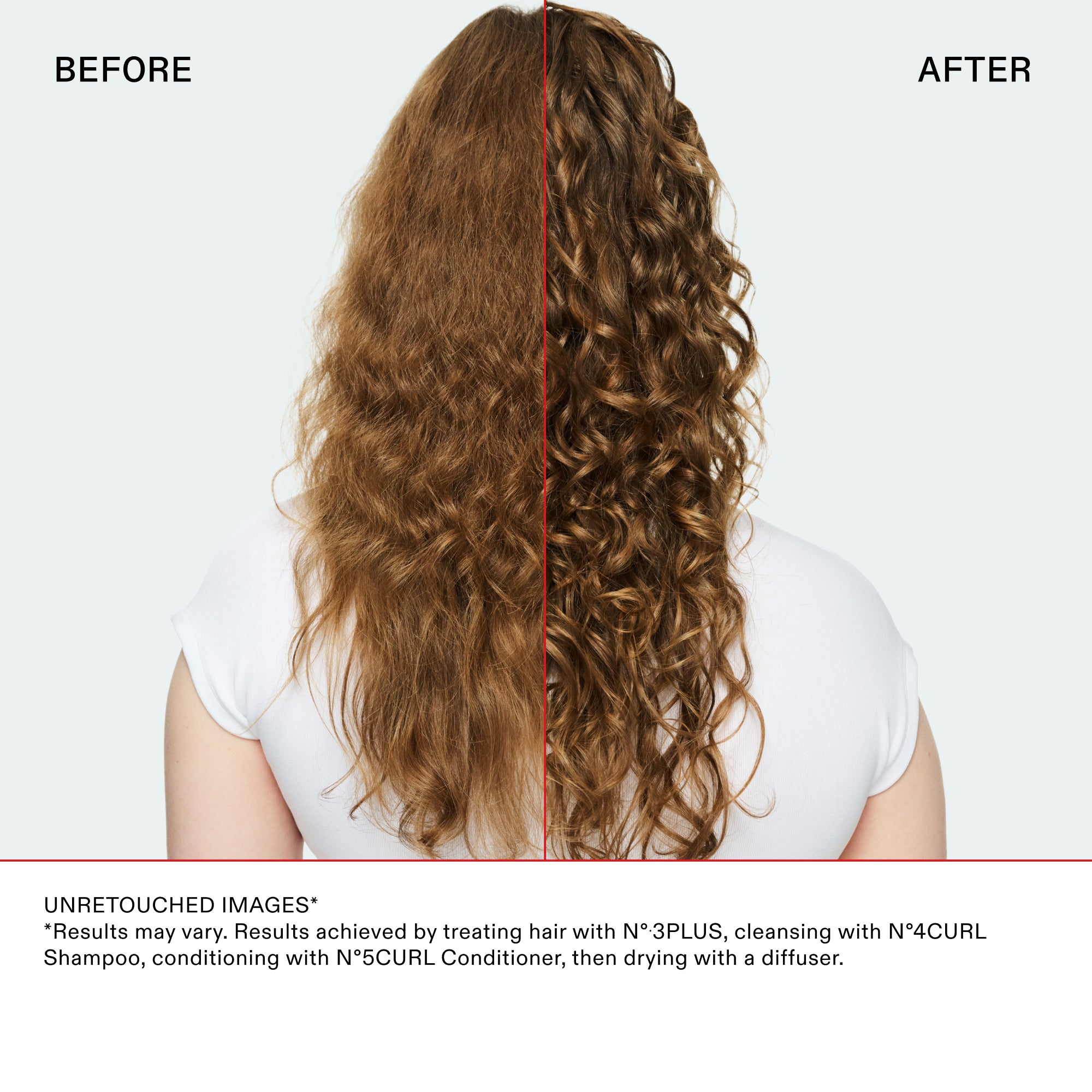 Split-screen before and after image of a model's curly hair. The left side shows frizzy, dry hair, while the right side shows defined, hydrated curls. Disclaimer notes results are from using the full Olaplex curl system and drying with a diffuser.