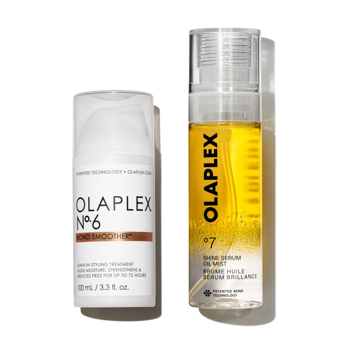Two Olaplex hair products stand side by side against a clean white background. On the left is Olaplex No.6 Bond Smoother, a white pump bottle with a clear cap. On the right is a slightly taller bottle of Olaplex No.7 Shine Serum Oil Mist, a clear spray bottle showing a vibrant golden-yellow liquid inside. Both bottles feature the brand's classic minimalist design with clean black lettering.