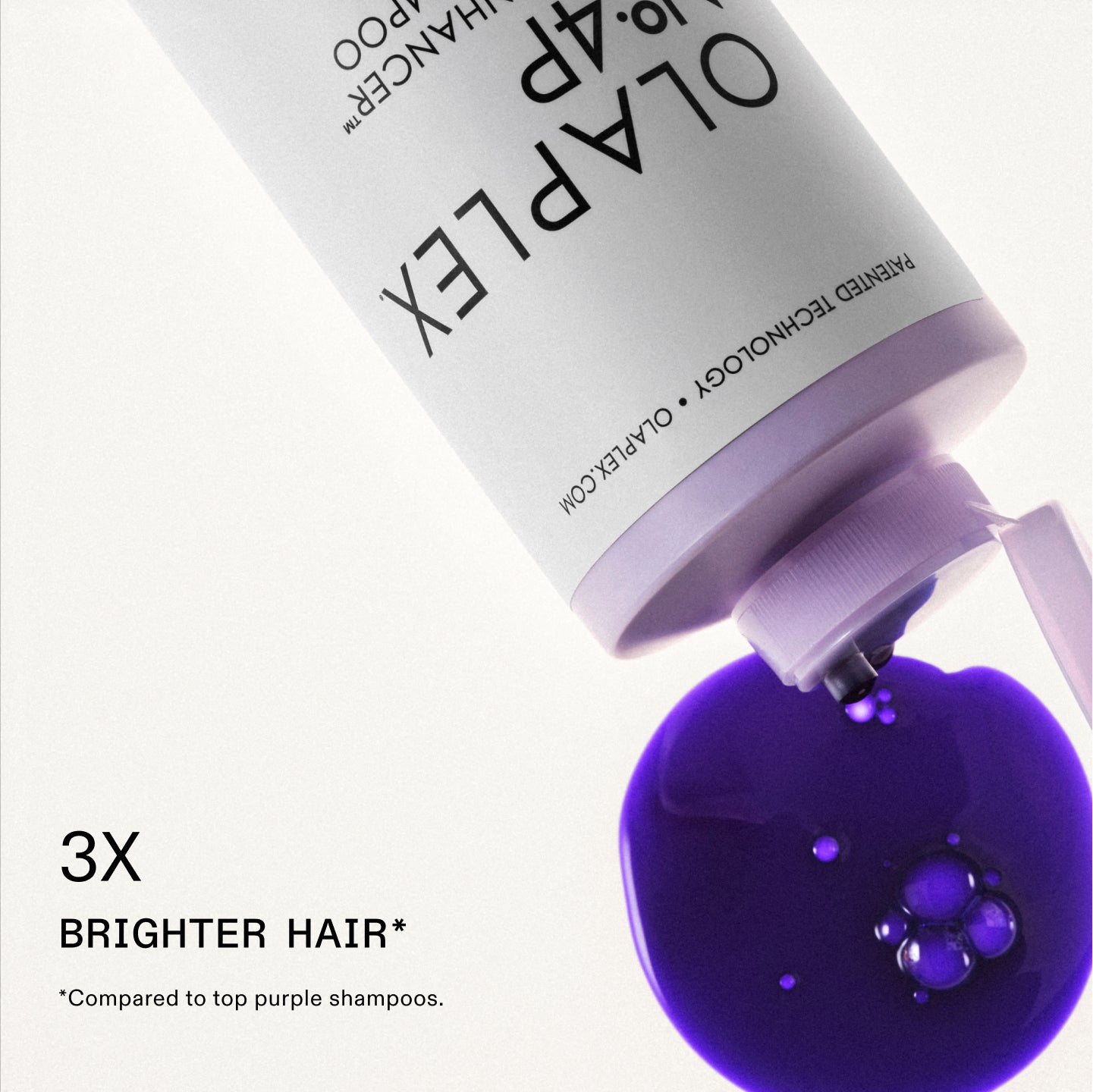 3X BRIGHTER HAIR* *****Compared to top purple shampoos.

There is also text on the bottle that reads: OLAPLEX and PATENTED TECHNOLOGY • OLAPLEX.COM