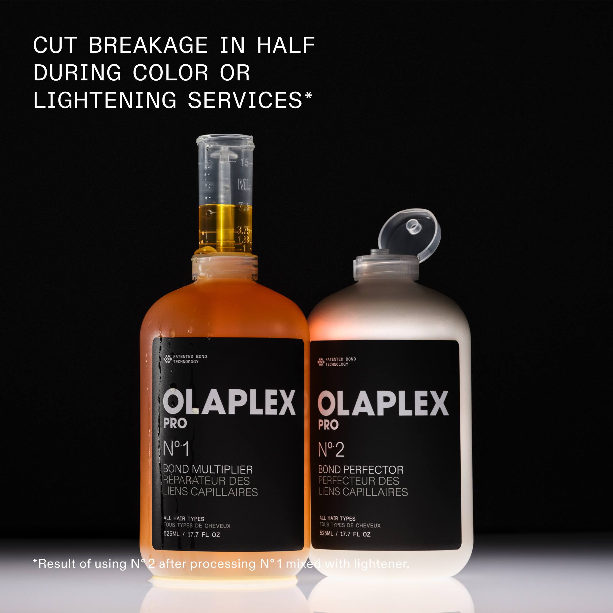 CUT BREAKAGE IN HALF DURING COLOR OR LIGHTENING SERVICES*

Nº.1 BOND MULTIPLIER® and Nº.2 BOND PERFECTOR (525mL) next to eachother