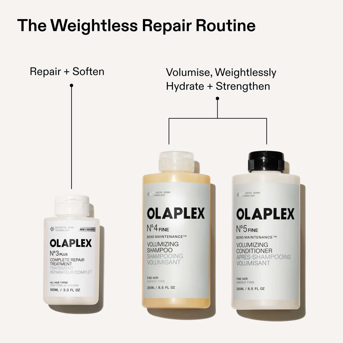The Weightless Repair Routine
Repair + Soften
Volumise, Weightlessly Hydrate + Strengthen