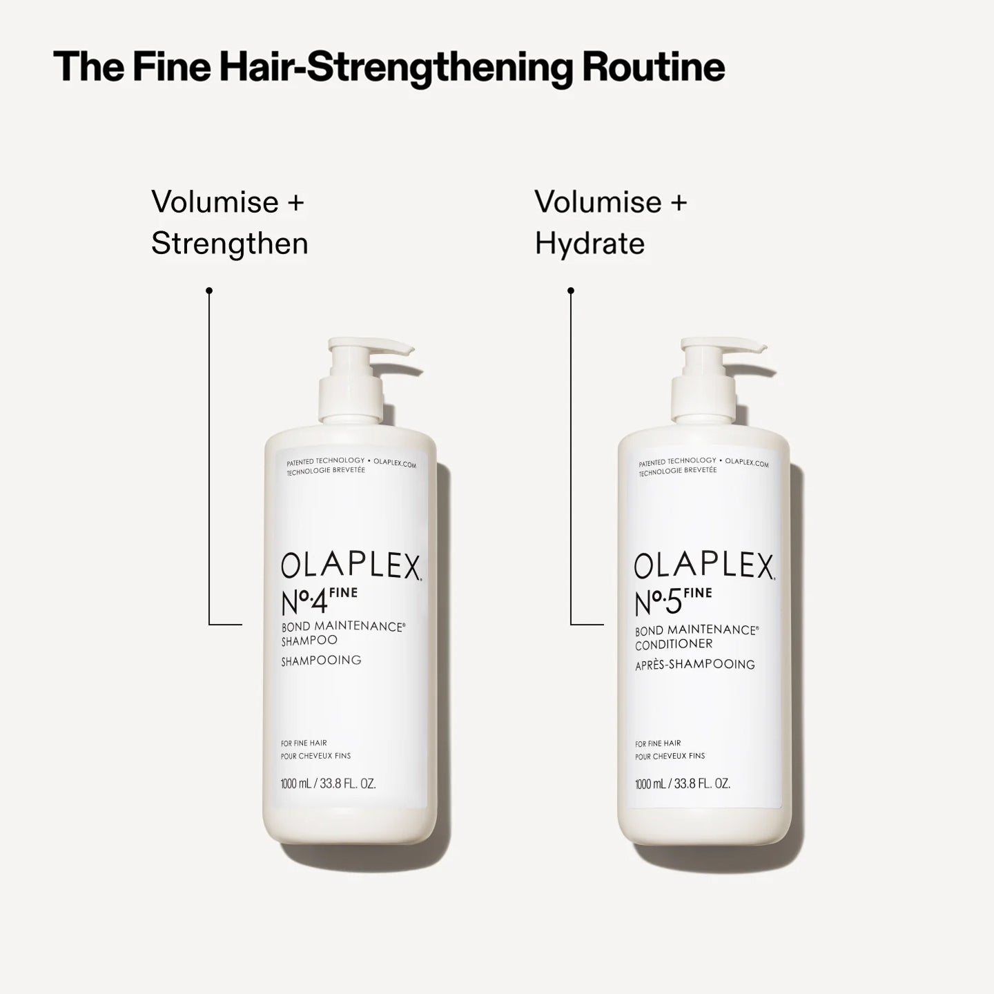 Left Bottle (OLAPLEX Nº.3 HAIR PERFECTOR): Strengthen + Repair

Middle Bottle (OLAPLEX Nº.4FINE BOND MAINTENANCE SHAMPOO): Volumise + Strengthen

Right Bottle (OLAPLEX Nº.5FINE BOND MAINTENANCE CONDITIONER): Volumise + Hydrate