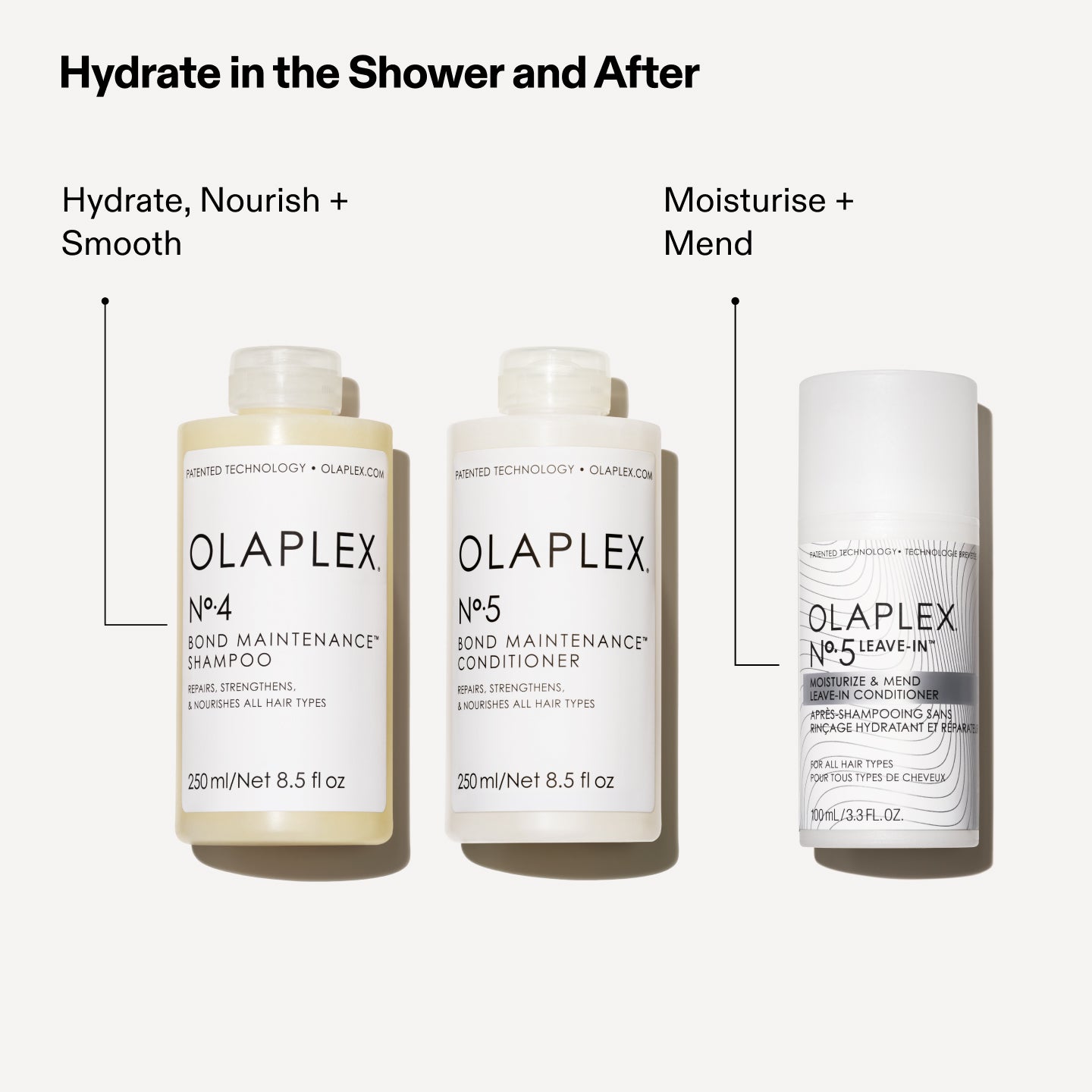 Hydrate in the Shower and After
No.4 & No.5: Hydrate, Nourish + Smooth
No.5 Leave-In: Moisturise + Mend