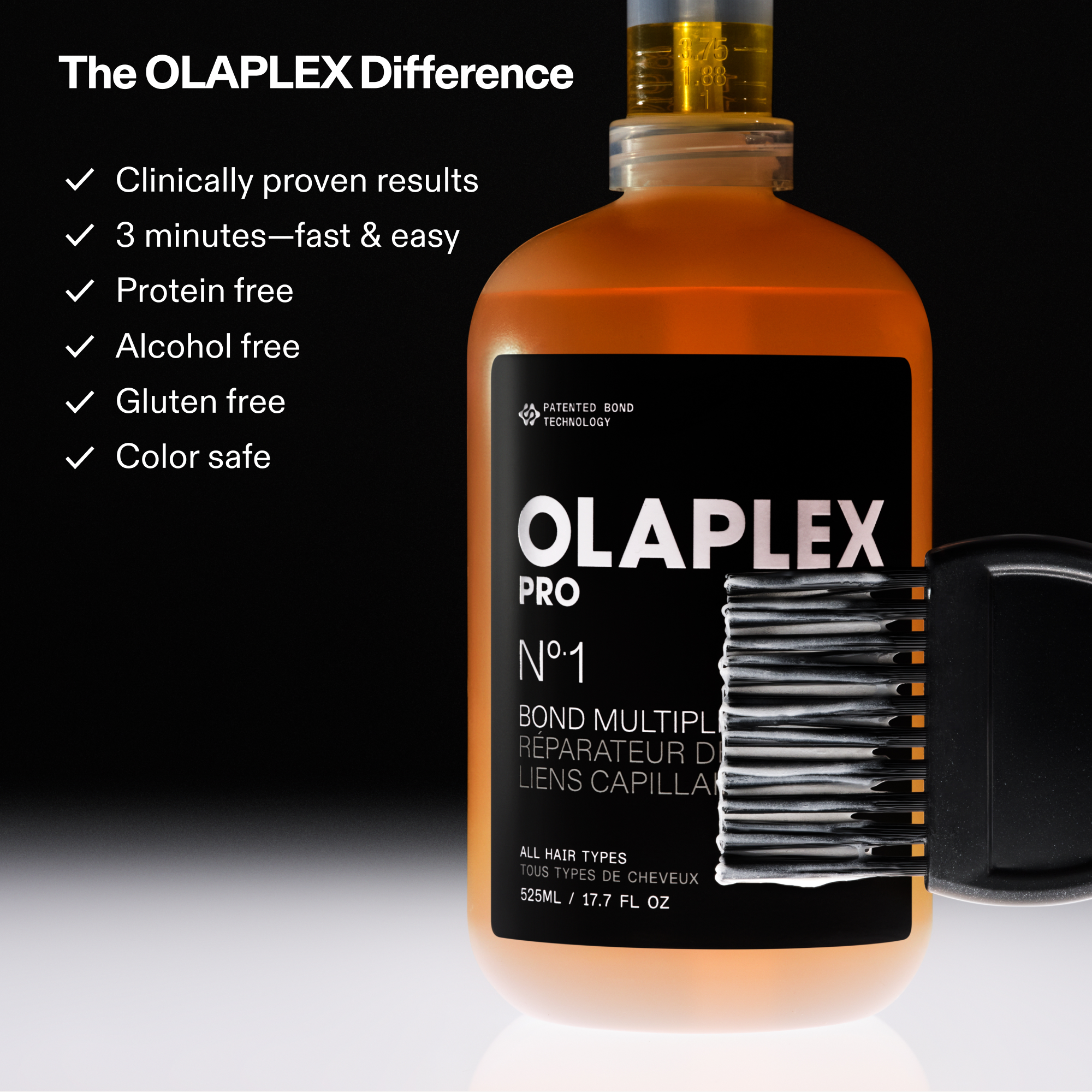 The OLAPLEX Difference
✔️ Clinically proven results

✔️ 3 minutes—fast & easy

✔️ Protein free

✔️ Alcohol free

✔️ Gluten free

✔️ Color safe

The product shown is the OLAPLEX PRO Nº.1 BOND MULTIPLIER® which features its PATENTED OLAPLEX BOND TECHNOLOGY.