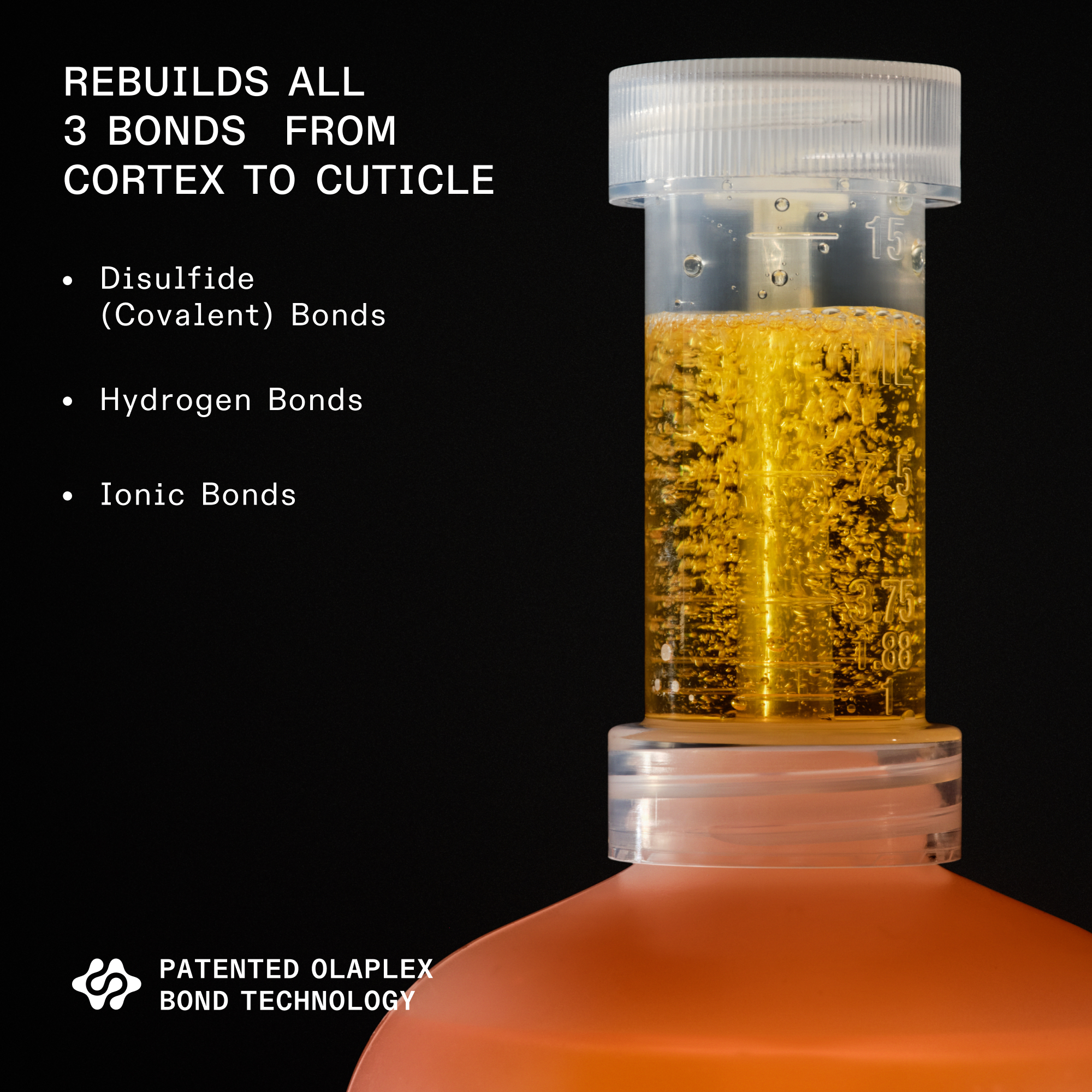 Nº.1 BOND MULTIPLIER (525mL) with measuring tube and treatment brush on black background

REBUILDS ALL

3 BONDS FROM

CORTEX TO CUTICLE

Disulfide

(Covalent) Bonds

Hydrogen Bonds

Ionic Bonds

PATENTED OLAPLEX

BOND TECHNOLOGY
