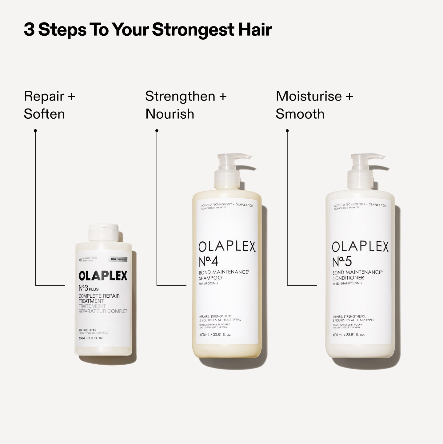 3 STEPS TO YOUR STRONGEST HAIR

No.3PLUS COMPLETE REPAIR TREATMENT - REPAIR + SOFTEN

No.4 BOND MAINTENANCE SHAMPOO - STRENGHTEN + NOURISH

No.5 BOND MAINTENANCE CONDITIONER - MOISTURISE + SMOOTH
