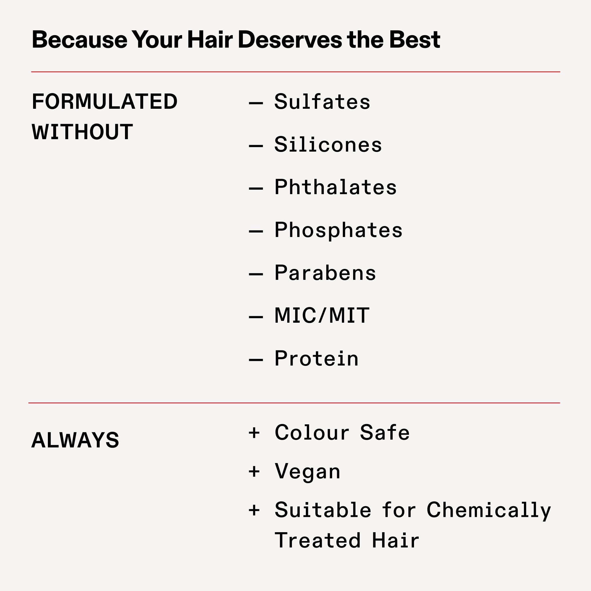 FORMULATED WITHOUT

Sulfates

Silicones

Phthalates

Phosphates

Parabens

MIC/MIT

Protein

ALWAYS

Colour Safe

Vegan

Suitable for Chemically Treated Hair