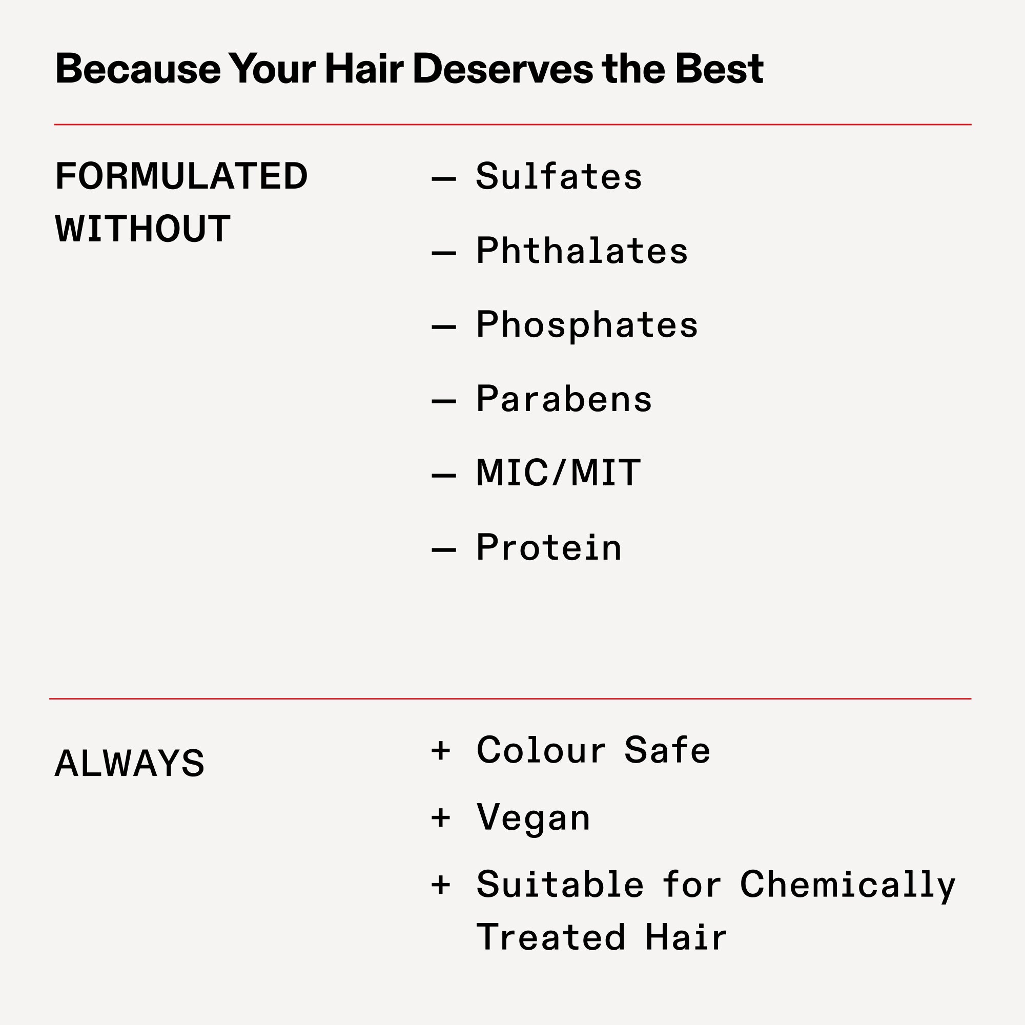 FORMULATED WITHOUT

Sulfates

Silicones

Phthalates

Phosphates

Parabens

MIC/MIT

Protein

ALWAYS

Colour Safe

Vegan

Suitable for Chemically Treated Hair