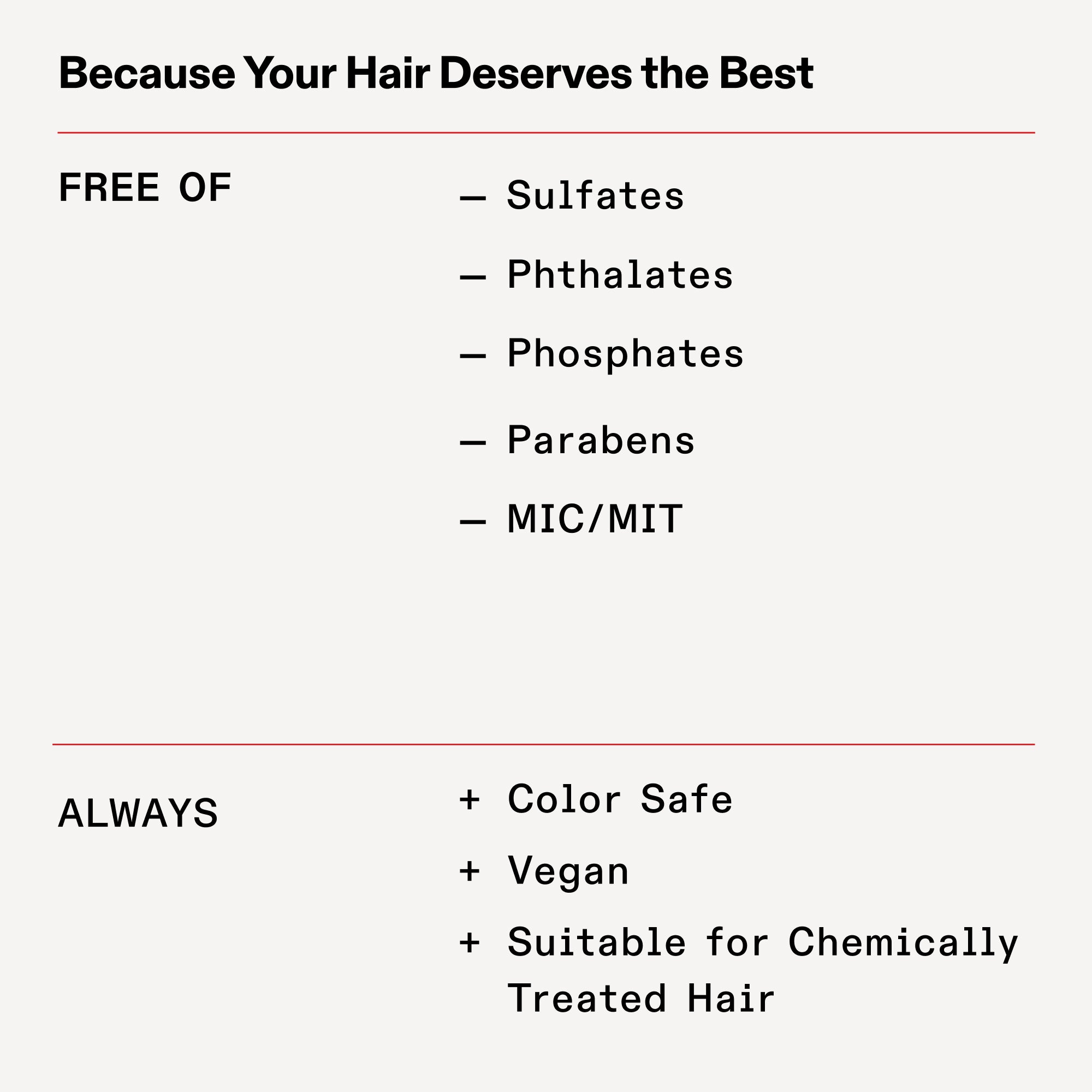 FREE OF

Sulfates

Phthalates

Phosphates

Parabens

MIC/MIT

Protein

ALWAYS

Color Safe

Vegan

Suitable for Chemically Treated Hair