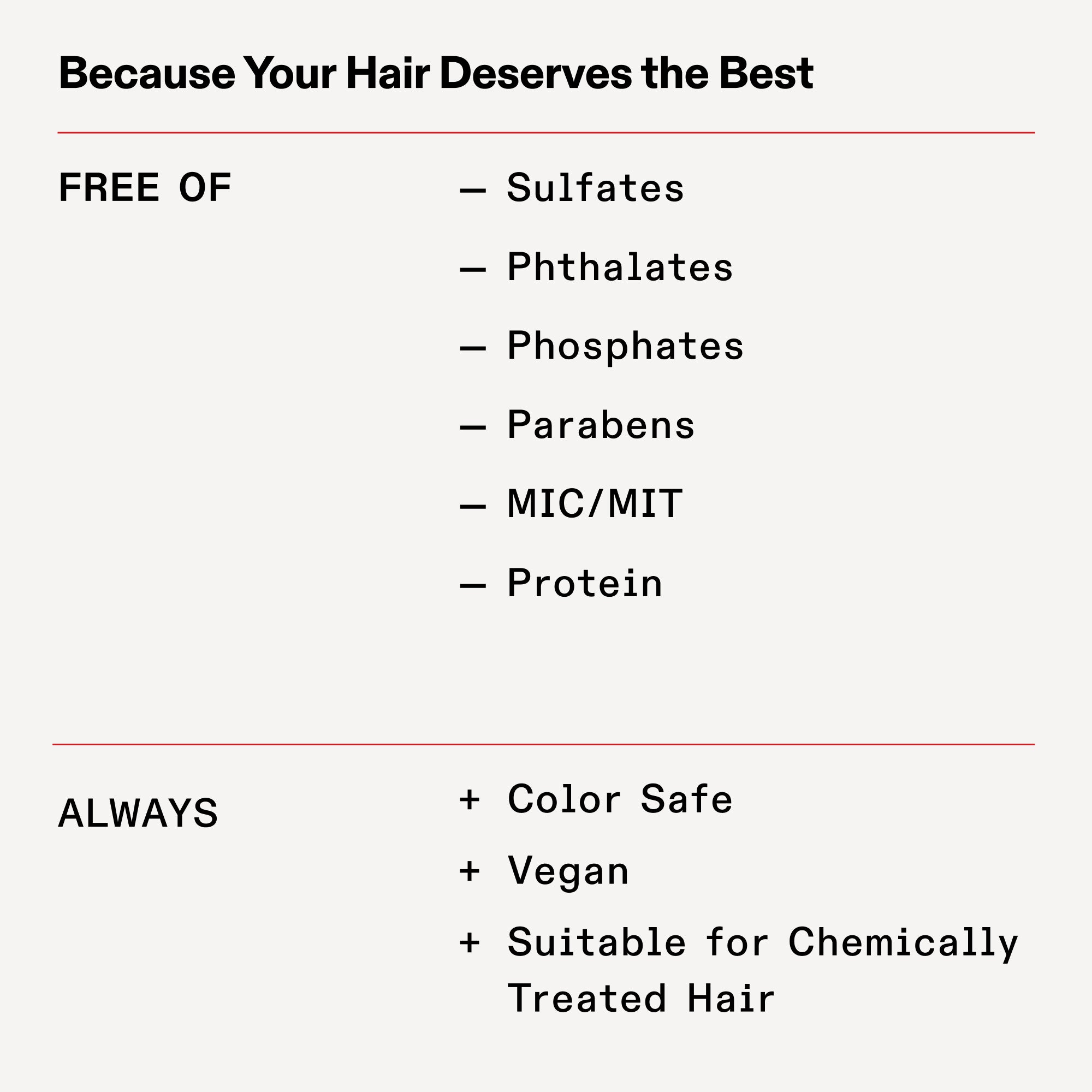 FREE OF

Sulfates

Phthalates

Phosphates

Parabens

MIC/MIT

Protein

ALWAYS

Color Safe

Vegan

Suitable for Chemically Treated Hair